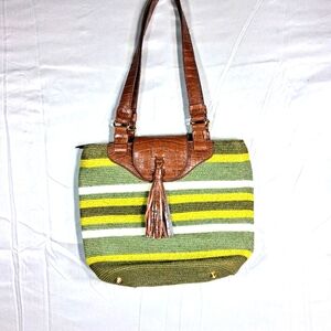 Relativity Woven 3 Shade Green Horizontal Striped Zipper Tasseled Hobo  Bag